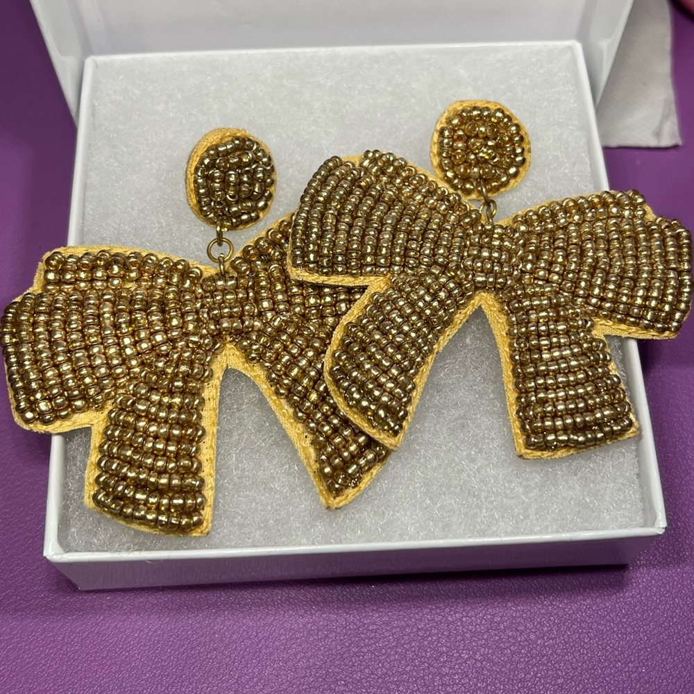 Beaded Gold Bow Earrings